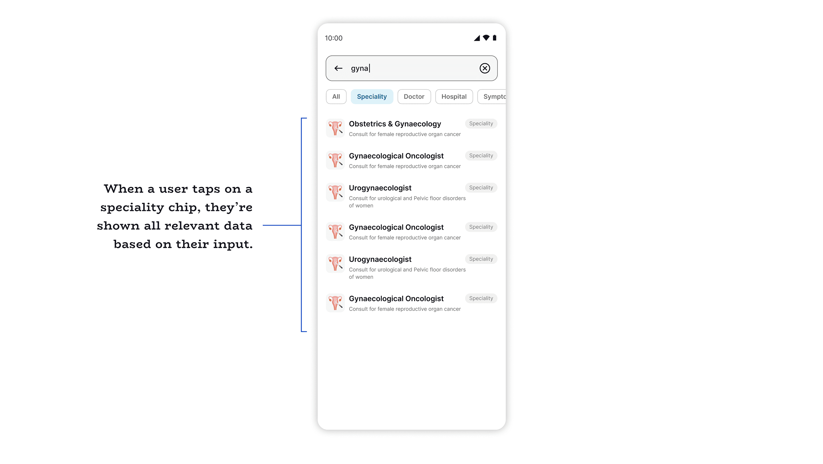 Search results, Speciality tab selected