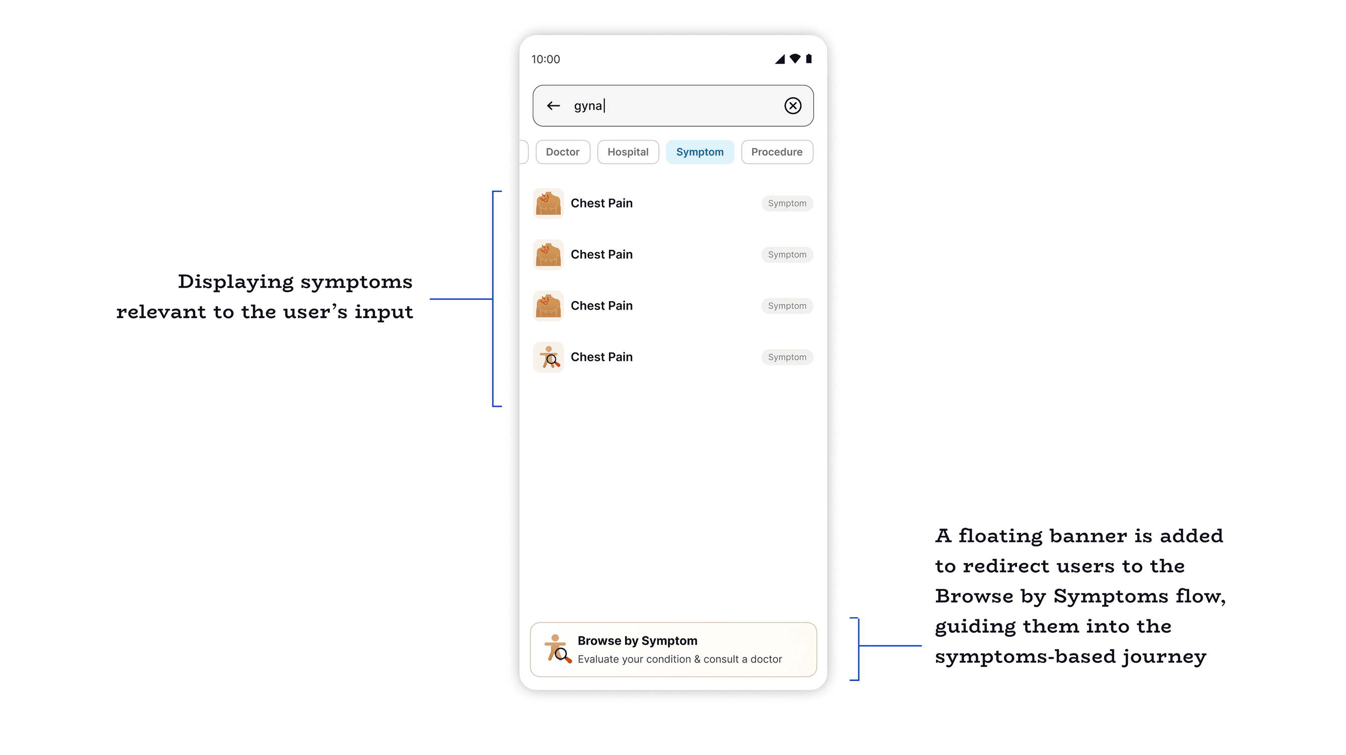 Search results, Symptom tab selected