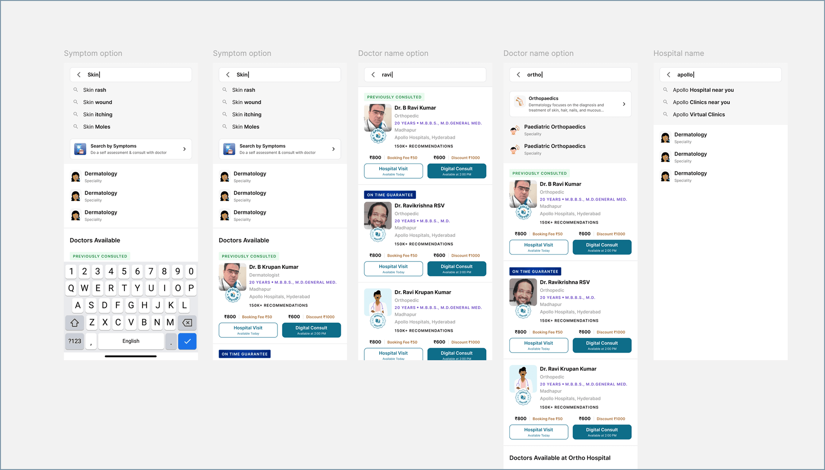 Early search card explorations across Symptom, Doctor, and Hospital options